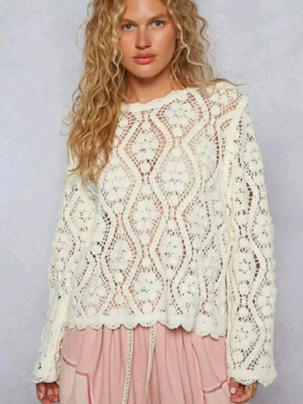 POL Cream Crochet Knit Sweater - Lightweight Lace Pattern